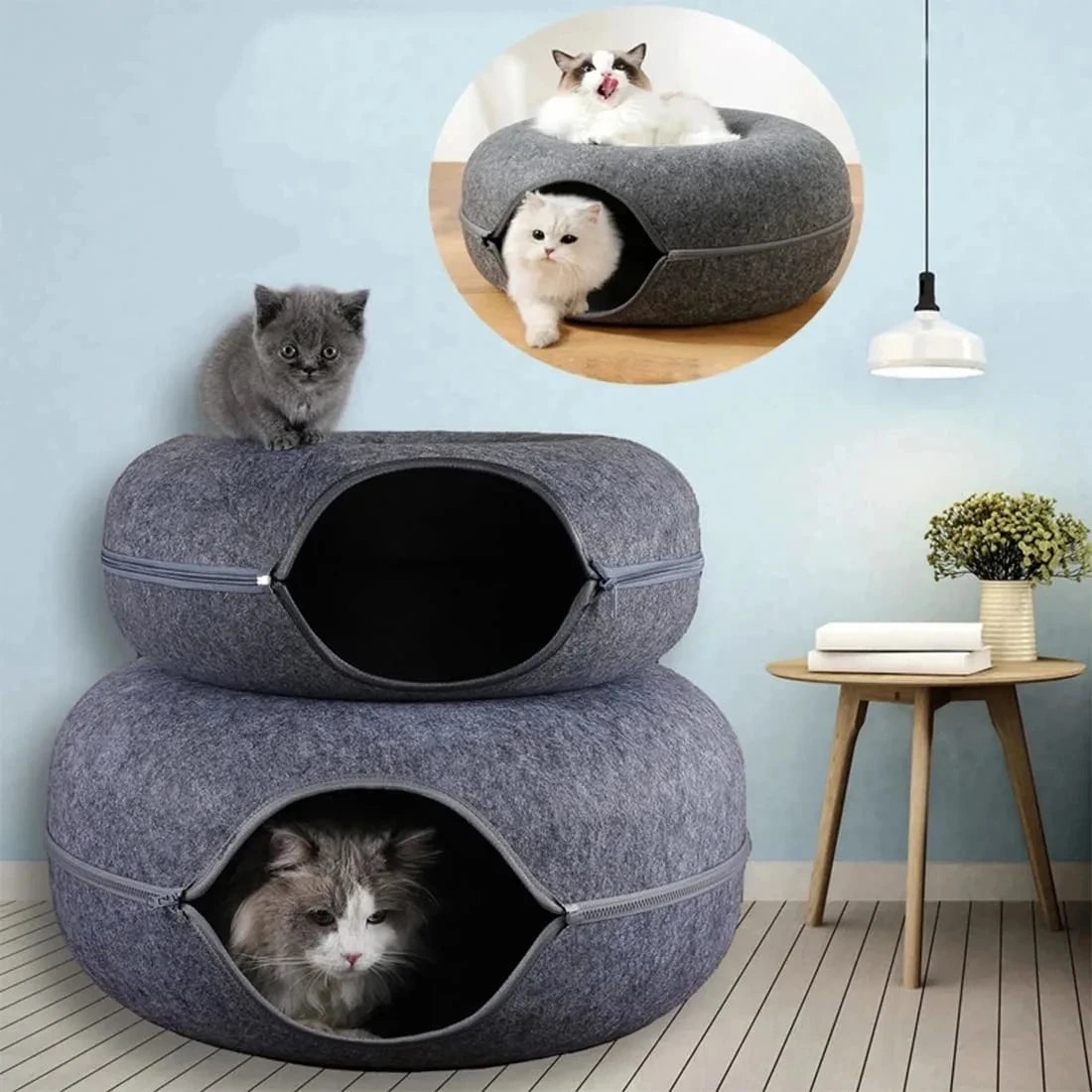 BarkLuxe™ Cozy Cat Tunnel Bed – Felt Donut Cave, Scratcher & Hideaway for Kittens & Cats