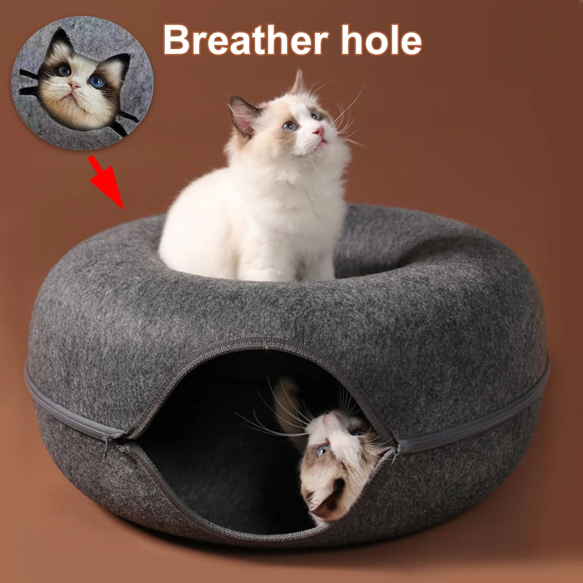 BarkLuxe™ Cozy Cat Tunnel Bed – Felt Donut Cave, Scratcher & Hideaway for Kittens & Cats