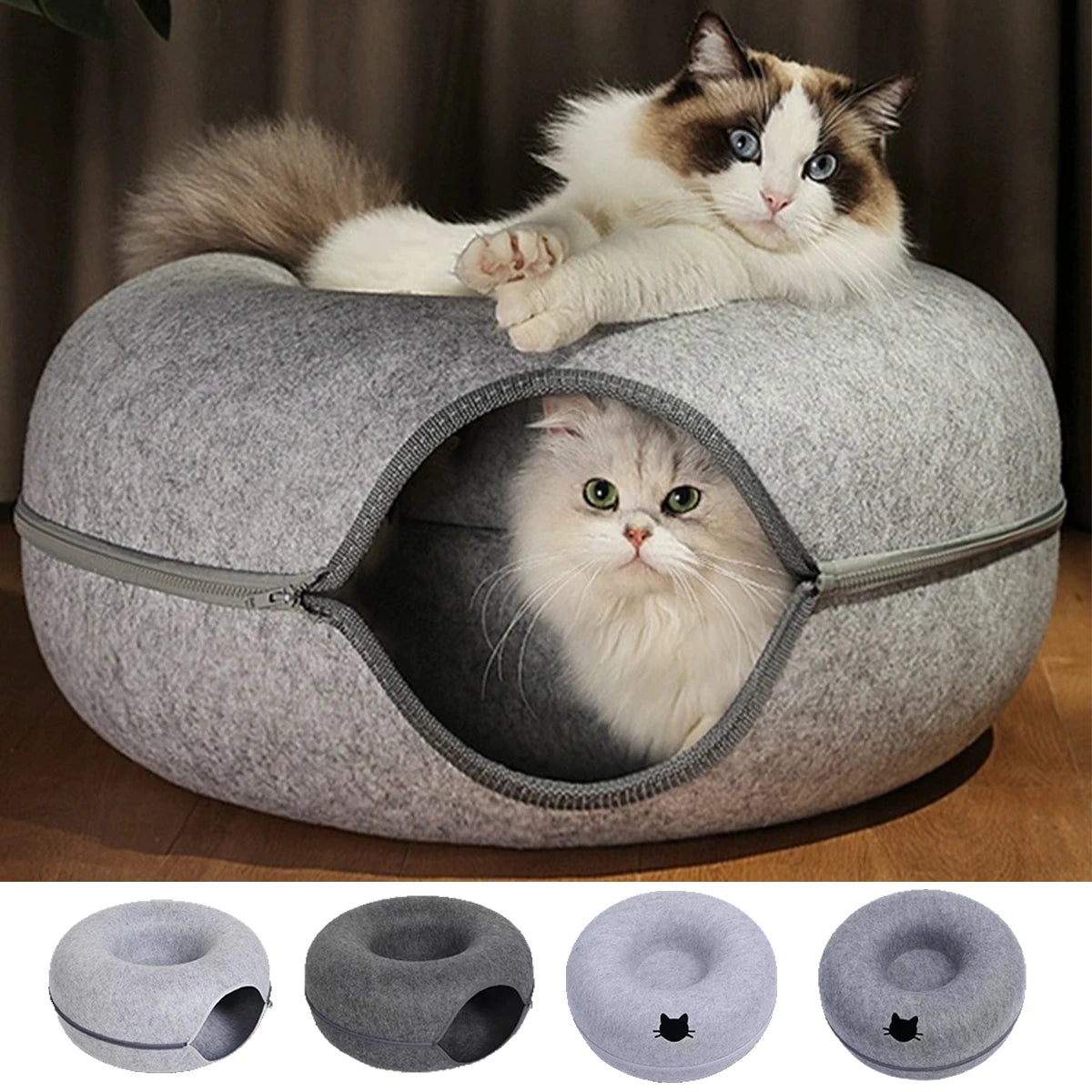 BarkLuxe™ Cozy Cat Tunnel Bed – Felt Donut Cave, Scratcher & Hideaway for Kittens & Cats